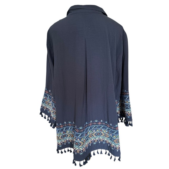 John Mark Embroidered Tassel Hem Button Front Blouse Navy 0X Plus Sz Boho Aztec - Picture 3 of 16